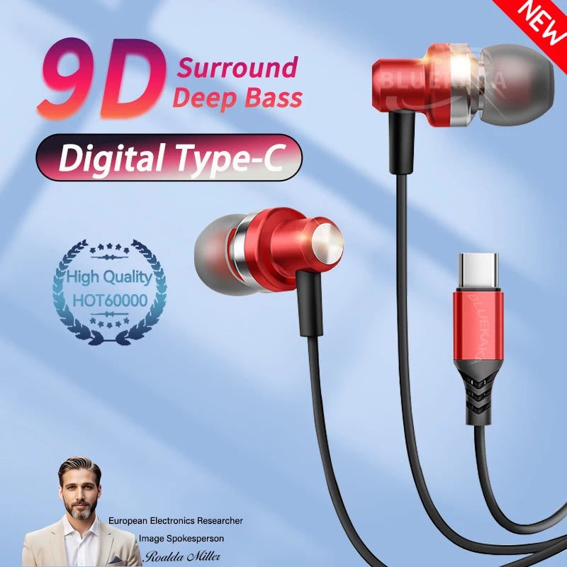 9D HIFI Heavy Bass Gaming Headphones Type-C Digital Chip Metal Magnetic Music Earbuds with Microphone In-Ear Headphone Universal